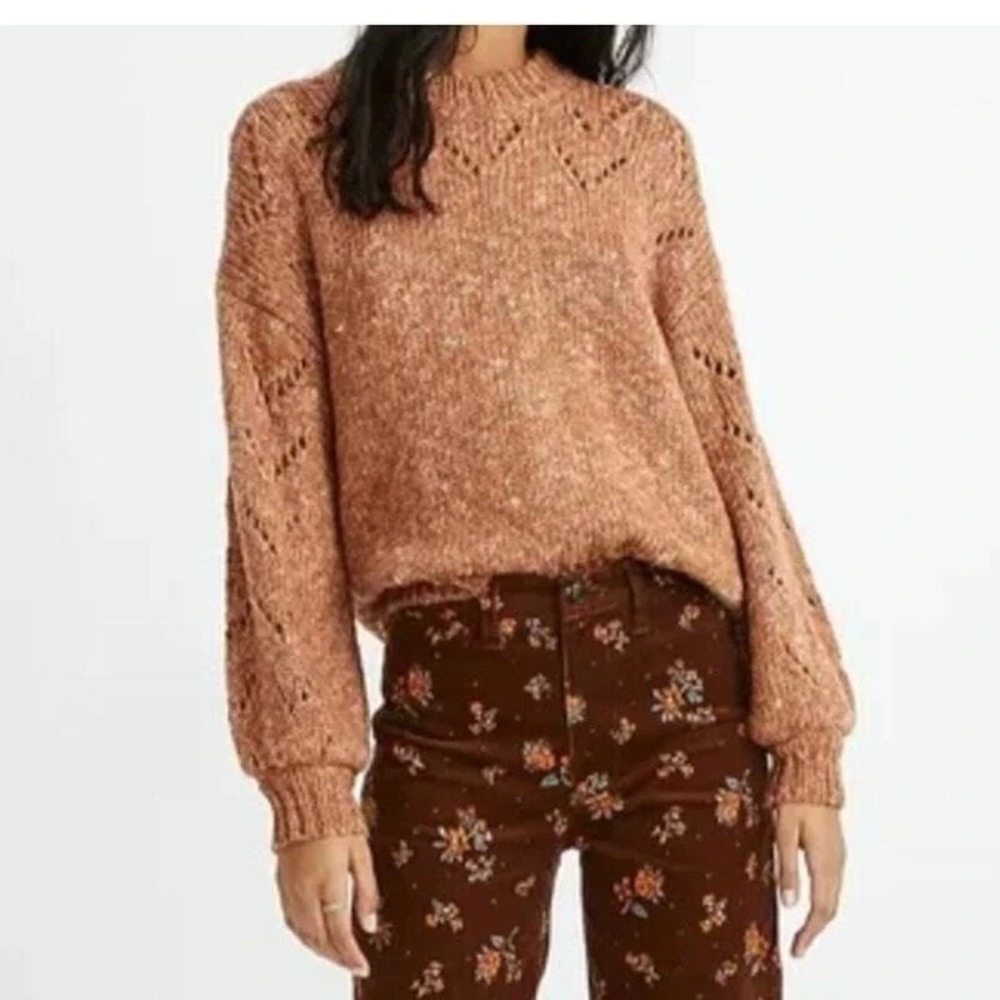 Madewell Pointelle Bubble Sleeve Pullover Sweater Womens Small Brown Wool Blend
